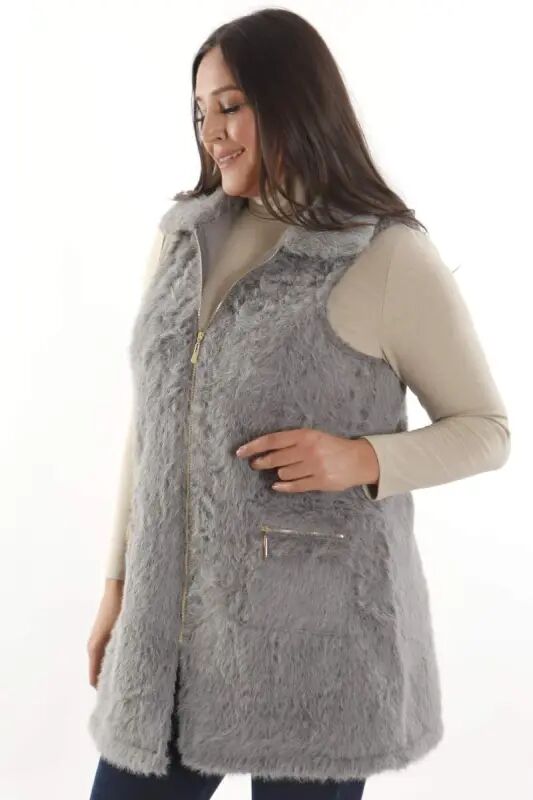 Plus Size Zipper and Pocket Detailed Grey Fur Vest - 5