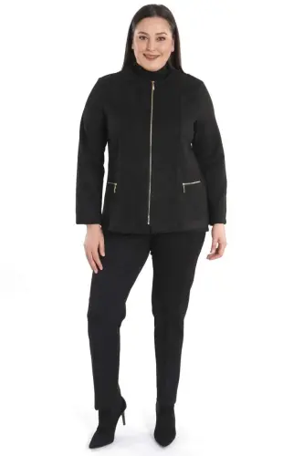 Plus Size Zippered Black Suede Jacket - 1