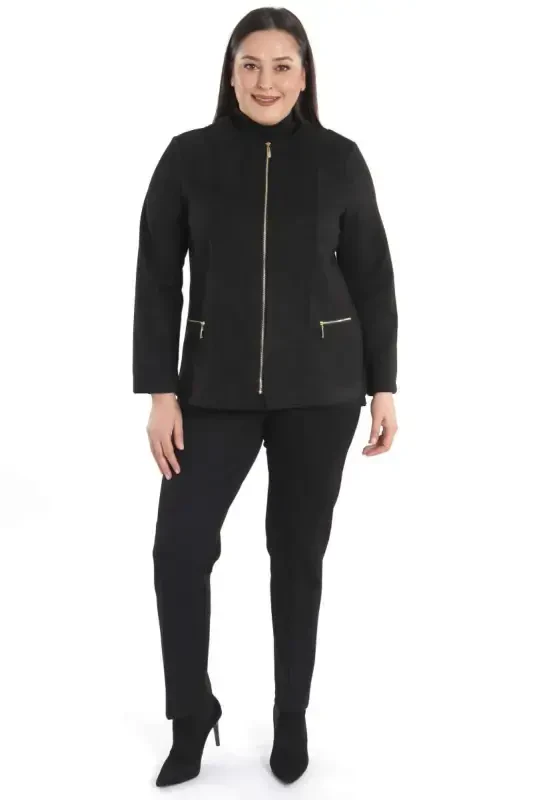 Plus Size Zippered Black Suede Jacket - 1