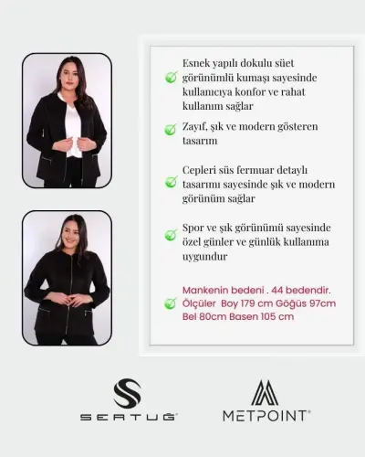 Plus Size Zippered Black Suede Jacket - 3