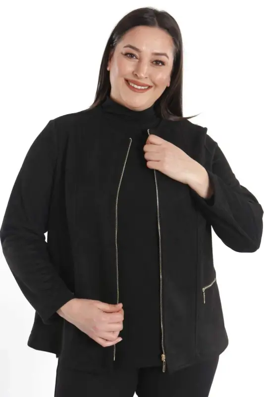 Plus Size Zippered Black Suede Jacket - 4