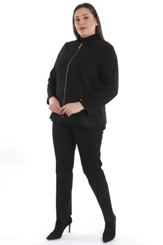 Plus Size Zippered Black Suede Jacket - 5