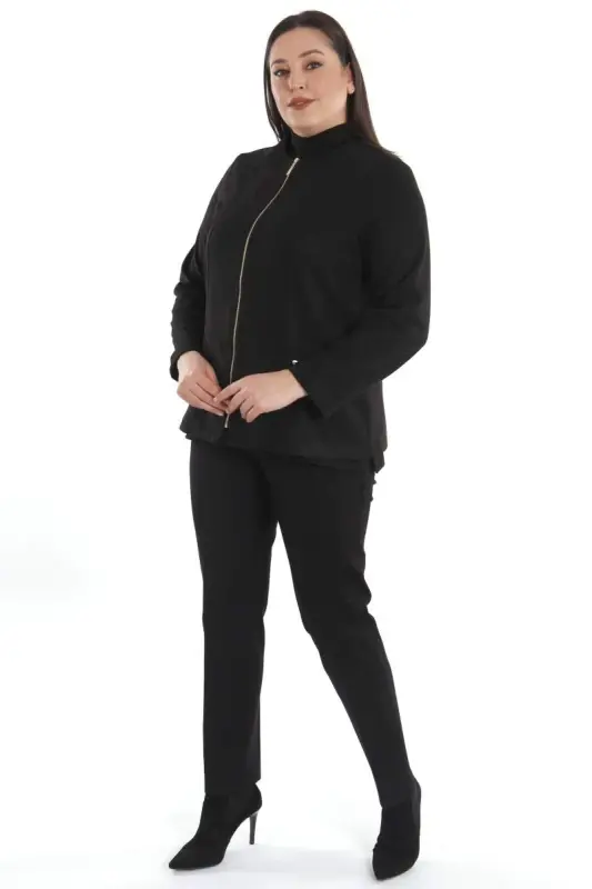 Plus Size Zippered Black Suede Jacket - 5