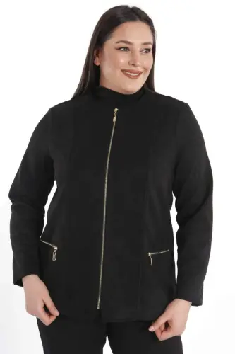Plus Size Zippered Black Suede Jacket - 6