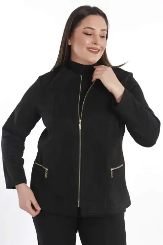 Plus Size Zippered Black Suede Jacket - 8