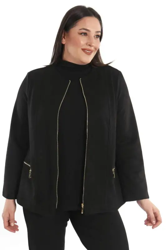 Plus Size Zippered Black Suede Jacket - 9