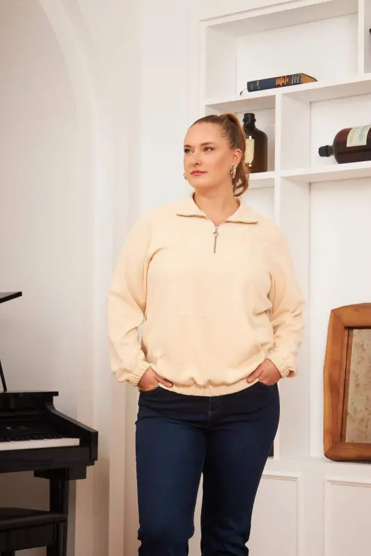 Plus Size Zippered Neck Sweatshirt Ecru - 1