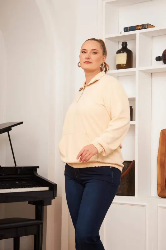 Plus Size Zippered Neck Sweatshirt Ecru - 2