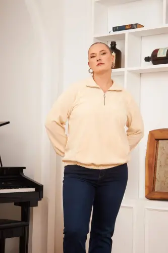 Plus Size Zippered Neck Sweatshirt Ecru - 3