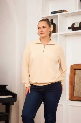 Plus Size Zippered Neck Sweatshirt Ecru - 4