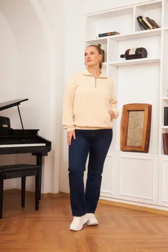 Plus Size Zippered Neck Sweatshirt Ecru - 5
