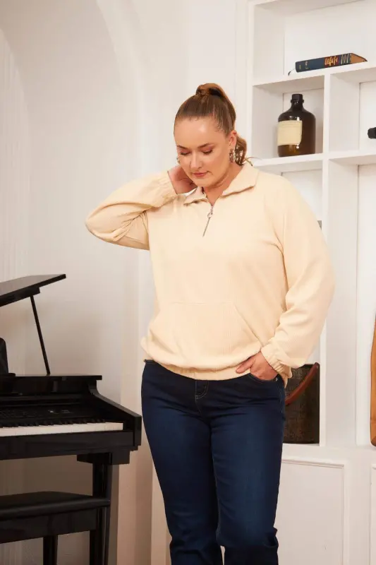 Plus Size Zippered Neck Sweatshirt Ecru - 6