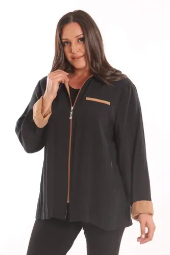 Plus Size Zippered Plus Size Black Trench Coat - 1