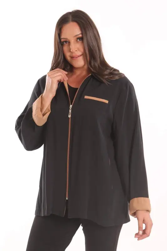 Plus Size Zippered Plus Size Black Trench Coat - BÜYÜKBEDENIZ