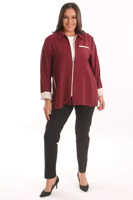 Plus Size Zippered Plus Size Burgundy Trench Coat - BÜYÜKBEDENIZ