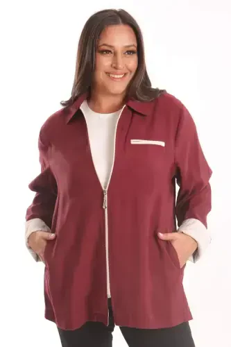 Plus Size Zippered Plus Size Burgundy Trench Coat - BÜYÜKBEDENIZ (1)