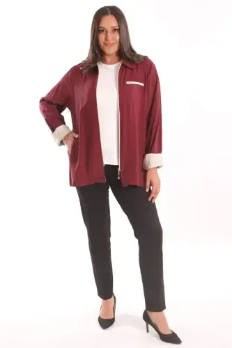 Plus Size Zippered Plus Size Burgundy Trench Coat - 3