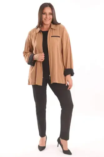 Plus Size Zippered Plus Size Camel Trench Coat - 1