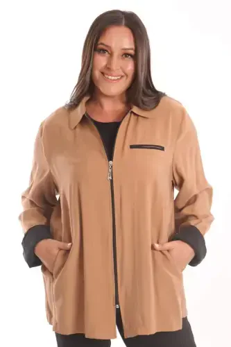 Plus Size Zippered Plus Size Camel Trench Coat - BÜYÜKBEDENIZ (1)