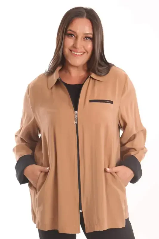 Plus Size Zippered Plus Size Camel Trench Coat - 2