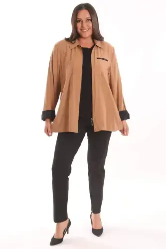Plus Size Zippered Plus Size Camel Trench Coat - 3