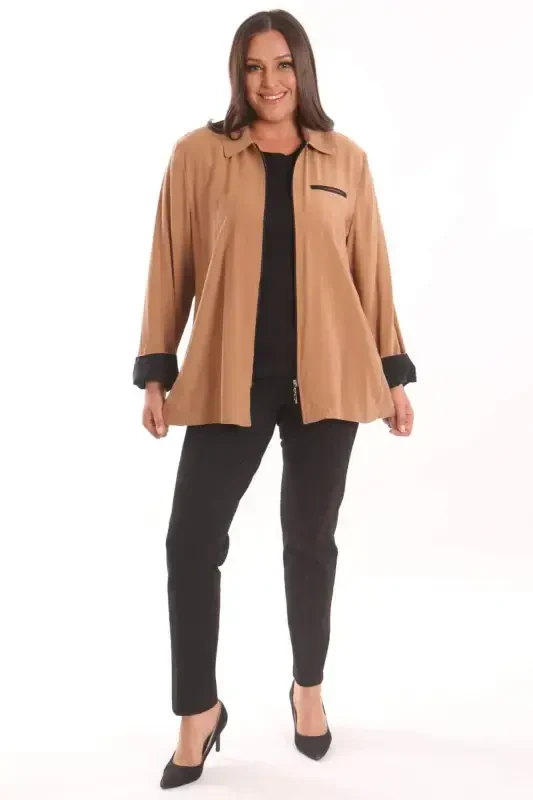 Plus Size Zippered Plus Size Camel Trench Coat - 3
