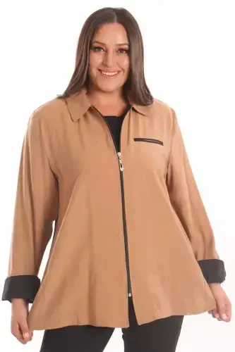 Plus Size Zippered Plus Size Camel Trench Coat - 4