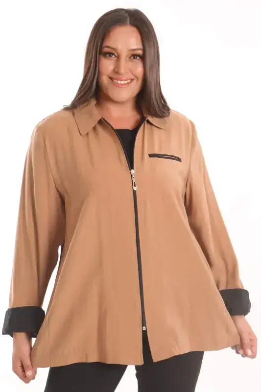 Plus Size Zippered Plus Size Camel Trench Coat - 4