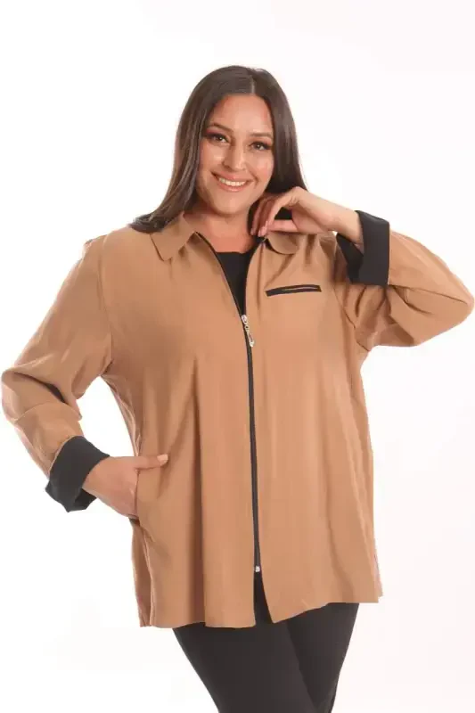 Plus Size Zippered Plus Size Camel Trench Coat - 5