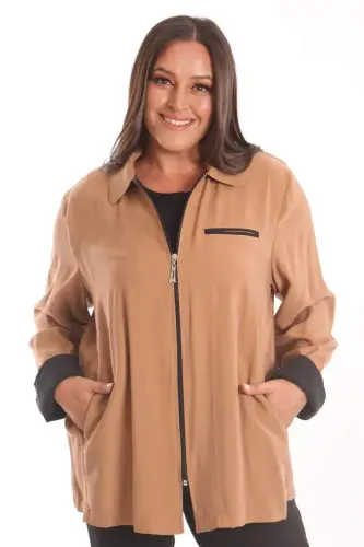 Plus Size Zippered Plus Size Camel Trench Coat - BÜYÜKBEDENIZ (1)