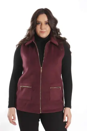 Plus Size Zippered Pocket Detail Burgundy Wool Vest - 1