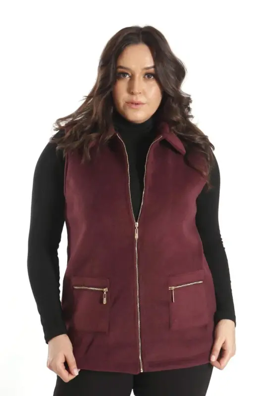 Plus Size Zippered Pocket Detail Burgundy Wool Vest - 3