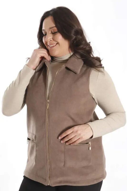 Plus Size Zippered Pocket Detailed Beaver Mink Vest - 3