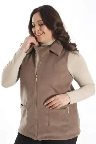 Plus Size Zippered Pocket Detailed Cachet Mink Vest - 3