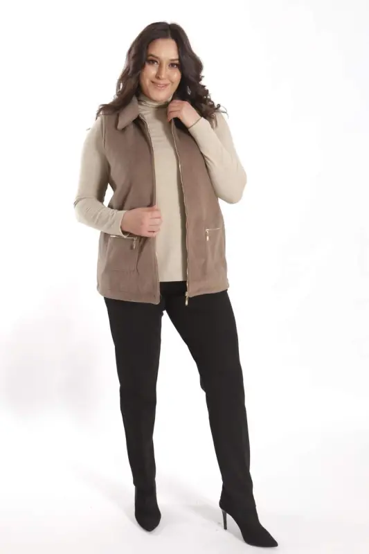 Plus Size Zippered Pocket Detailed Cachet Mink Vest - 4