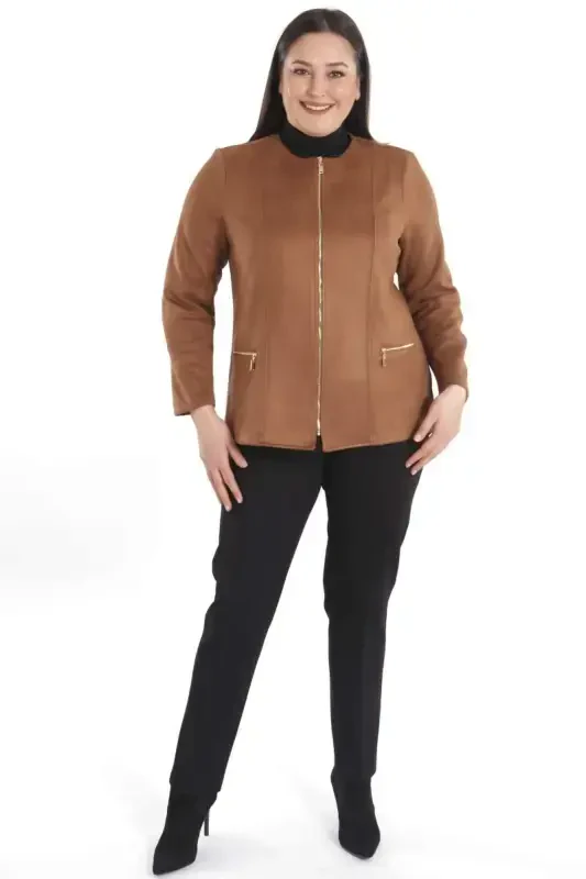 Plus Size Zippered Tan Suede Jacket - 1
