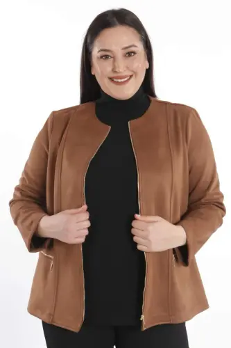 Plus Size Zippered Tan Suede Jacket - 4