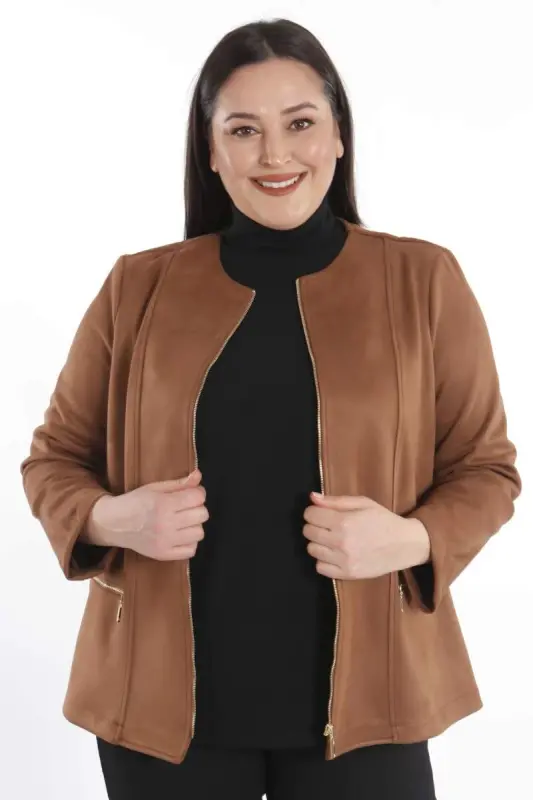 Plus Size Zippered Tan Suede Jacket - 4