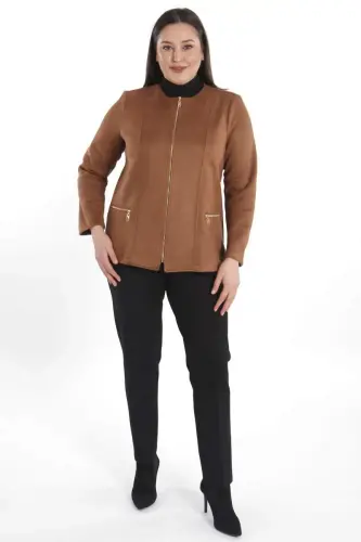 Plus Size Zippered Tan Suede Jacket - 5