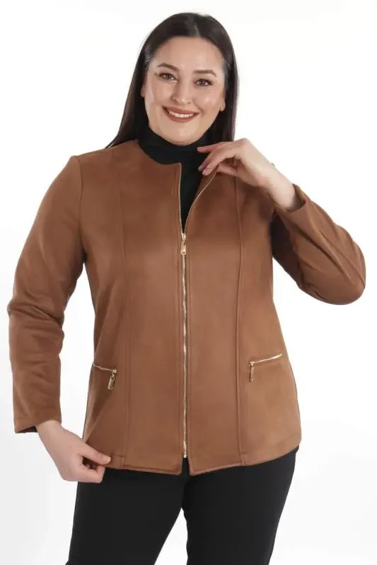 Plus Size Zippered Tan Suede Jacket - 6
