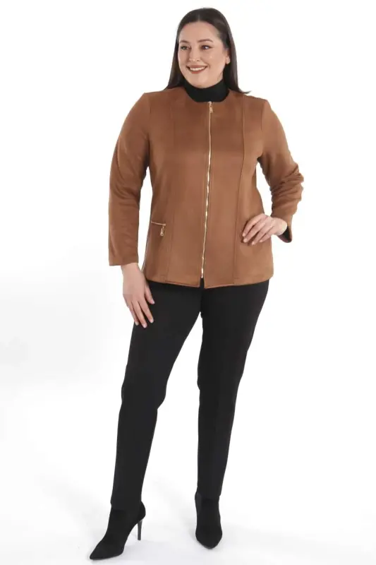 Plus Size Zippered Tan Suede Jacket - 7