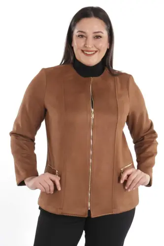 Plus Size Zippered Tan Suede Jacket - 8