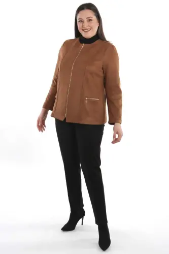 Plus Size Zippered Tan Suede Jacket - 9