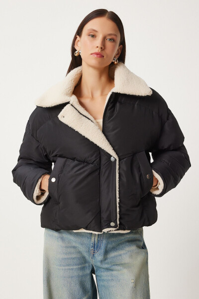 Plush Detailed Puffer Jacket BLACK - 1