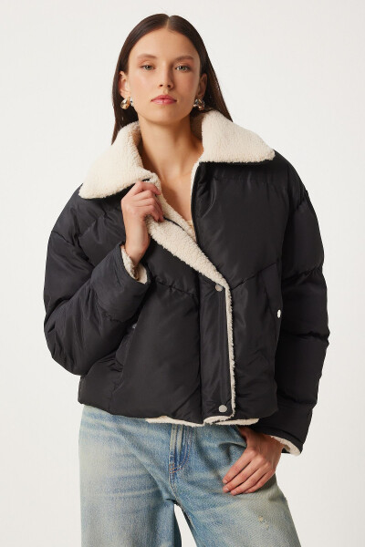 Plush Detailed Puffer Jacket BLACK - 2