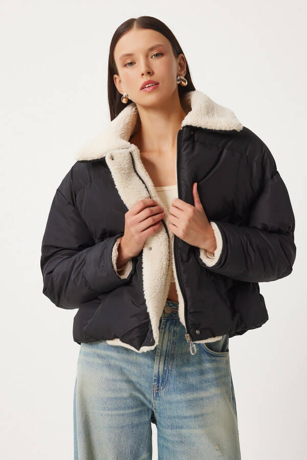 Plush Detailed Puffer Jacket BLACK - 3