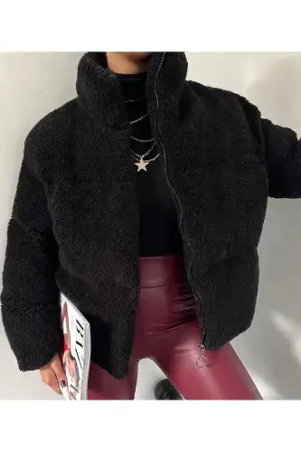 Plush embossed teddy puffer jacket - Black-Black - MODA ARMANC (1)