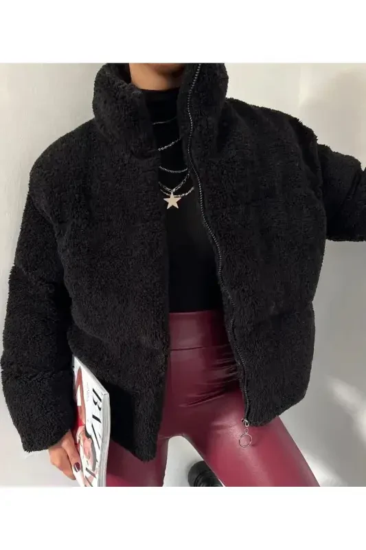 Plush embossed teddy puffer jacket - Black-Black - 2