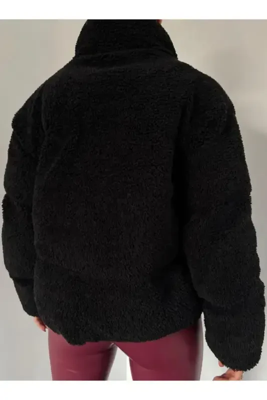 Plush embossed teddy puffer jacket - Black-Black - 3