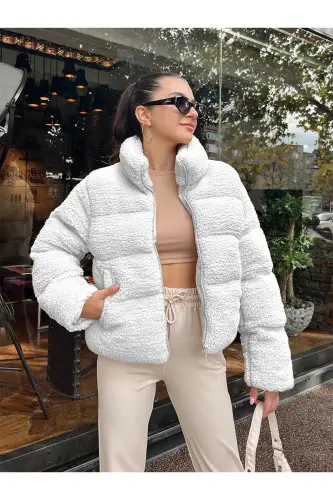 Plush Embossed Teddy Puffer Jacket-ecru 